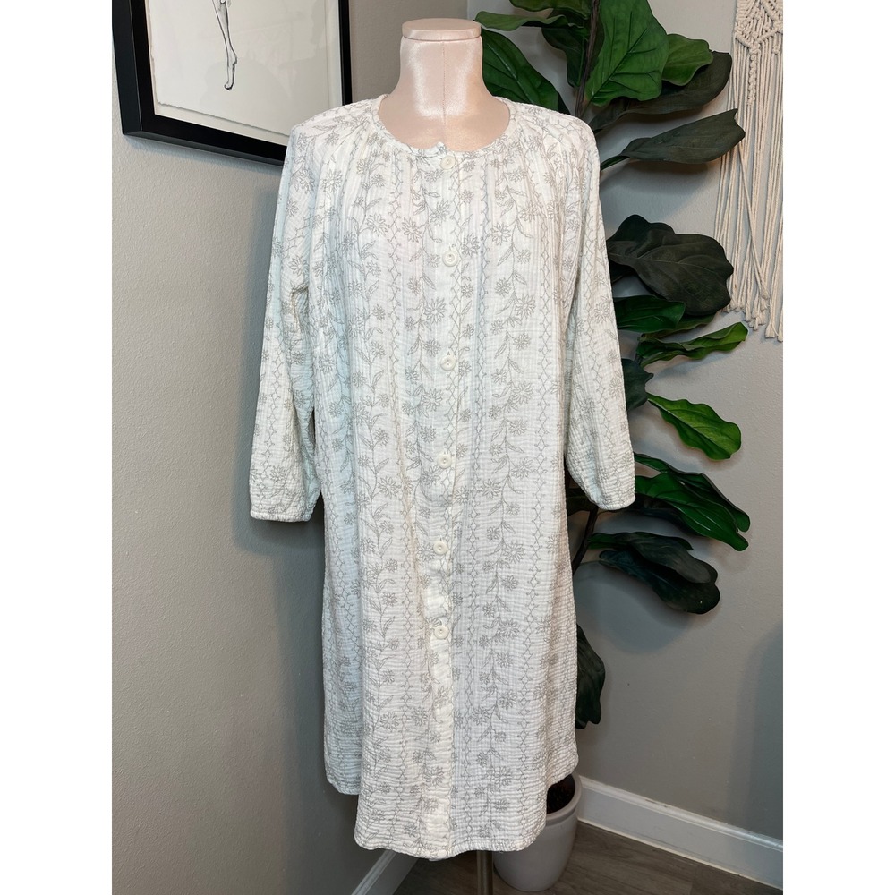 Nursing Nightgown White Cotton Gauze Floral Breastfeeding Large
